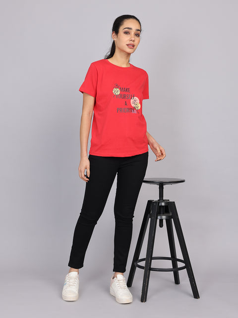 Women’s Red Round Neck Chest Print T-Shirt