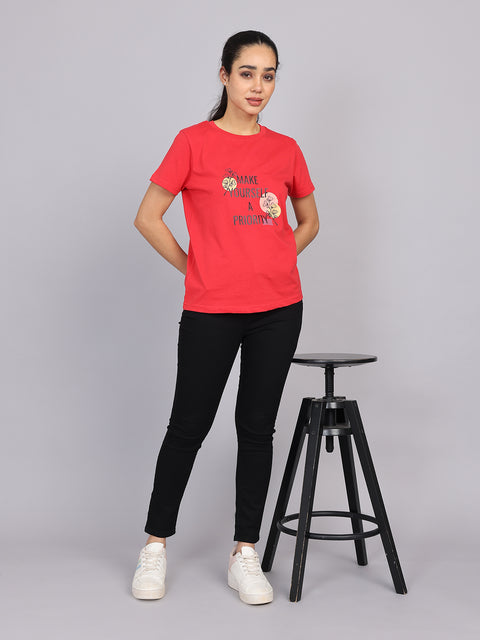 Women’s Red Round Neck Chest Print T-Shirt