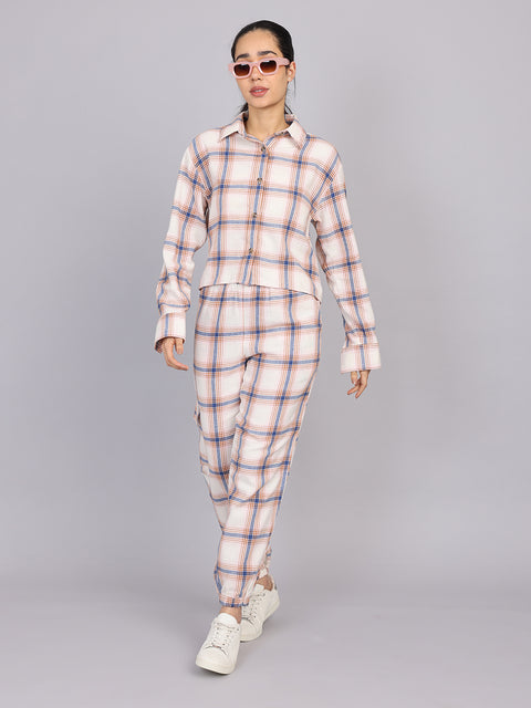 Women’s Off-White Checked Woven Shirt (Half Sleeve)