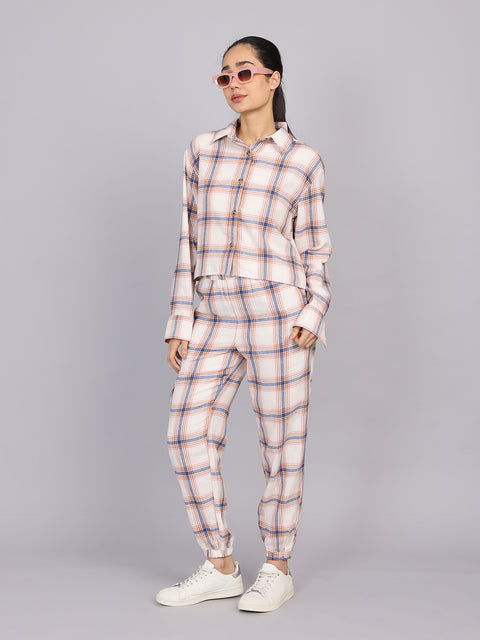 Women’s Off-White Checked Woven Shirt (Half Sleeve)