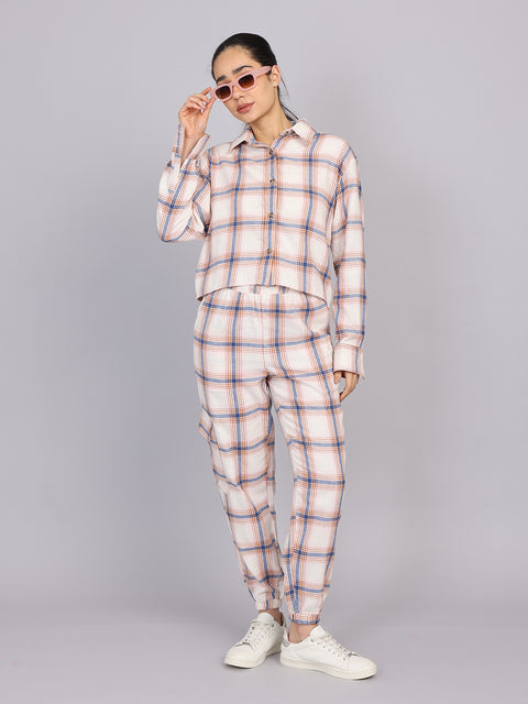 Women’s Off-White Checked Woven Shirt (Half Sleeve)