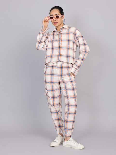 Women’s Off-White Checked Woven Shirt (Half Sleeve)
