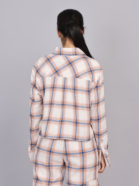 Women’s Off-White Checked Woven Shirt (Half Sleeve)