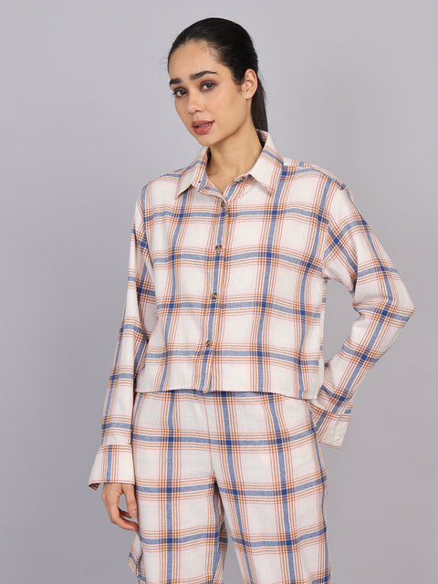 Women’s Off-White Checked Woven Shirt (Half Sleeve)