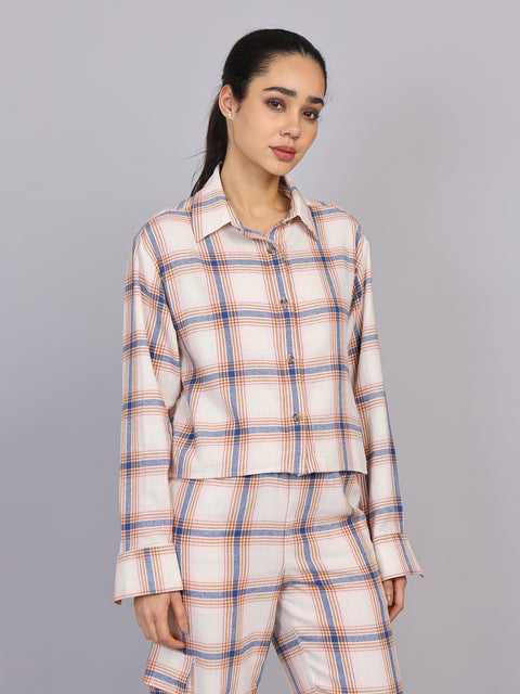 Women’s Off-White Checked Woven Shirt (Half Sleeve)