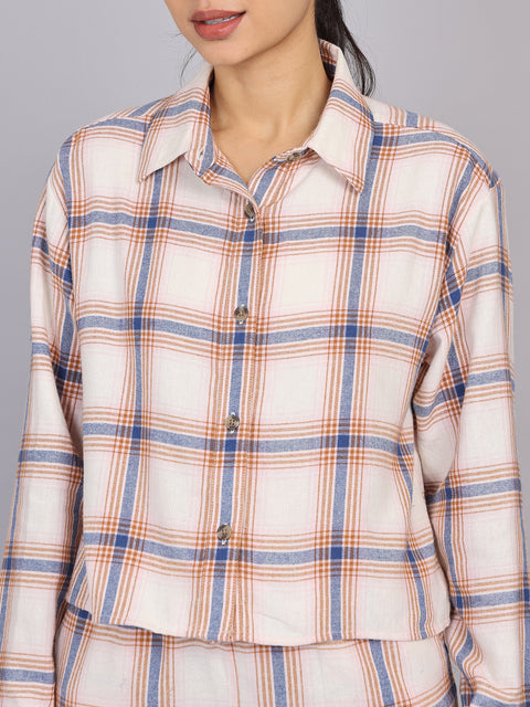 Women’s Off-White Checked Woven Shirt (Half Sleeve)