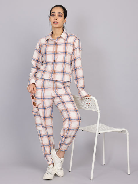 Women’s Off-White Checked Woven Shirt (Half Sleeve)