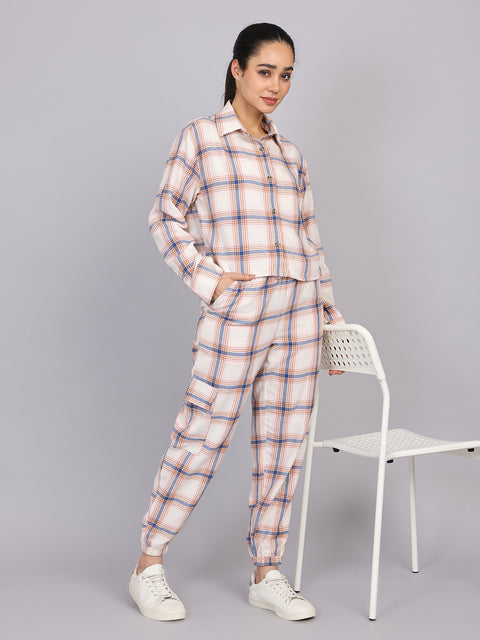 Women’s Off-White Checked Woven Shirt (Half Sleeve)