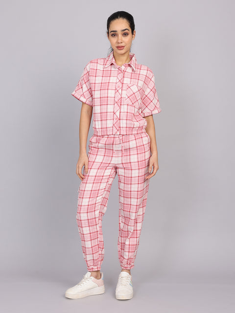 Women’s Pink Checked Woven Shirt (Half Sleeve)