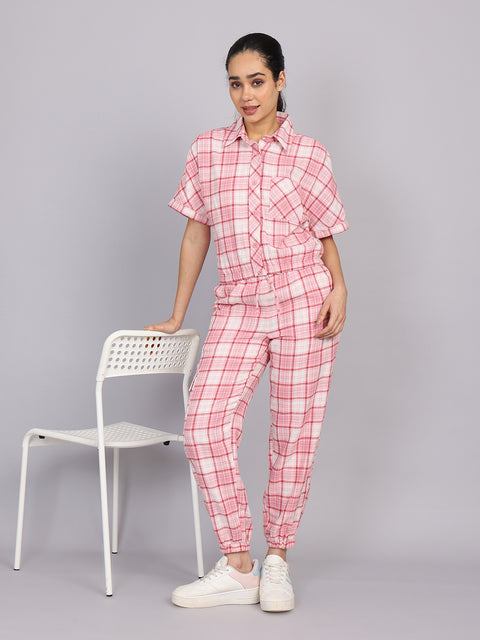 Women’s Pink Checked Woven Shirt (Half Sleeve)