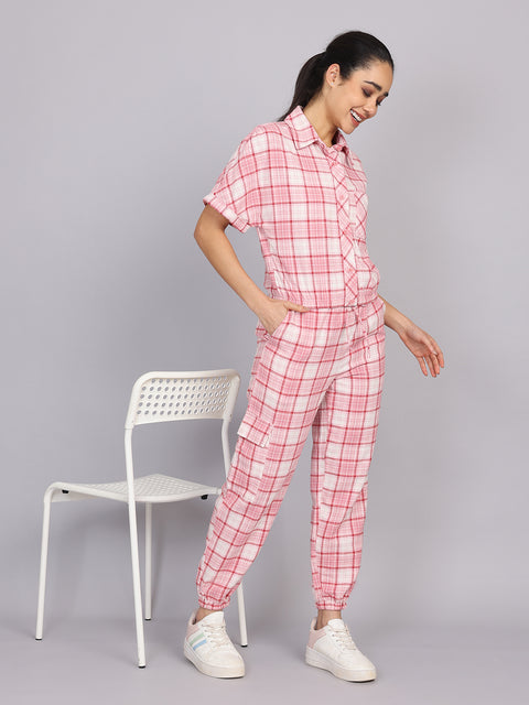 Women’s Pink Checked Woven Shirt (Half Sleeve)
