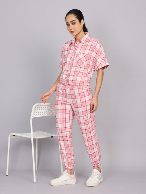 Women’s Pink Checked Woven Shirt (Half Sleeve)