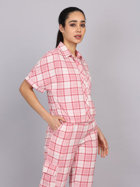 Women’s Pink Checked Woven Shirt (Half Sleeve)
