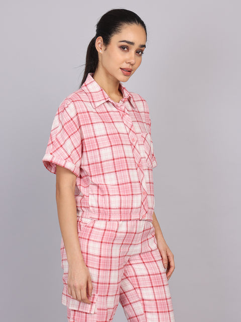 Women’s Pink Checked Woven Shirt (Half Sleeve)