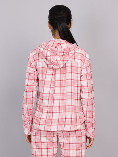Women’s Pink Checked Hooded Woven Shirt