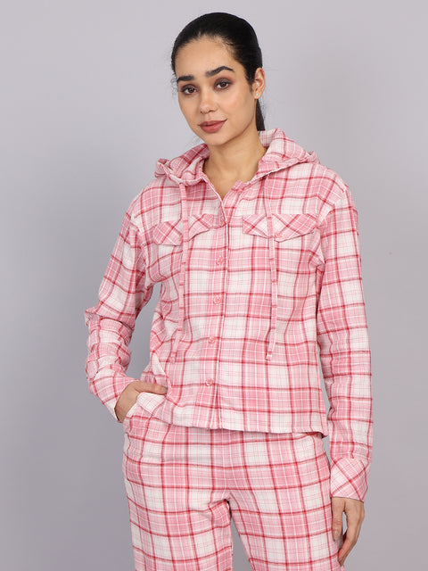 Women’s Pink Checked Hooded Woven Shirt