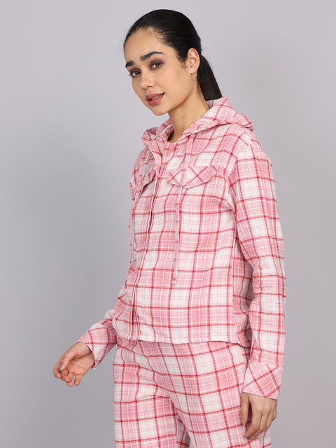 Women’s Pink Checked Hooded Woven Shirt