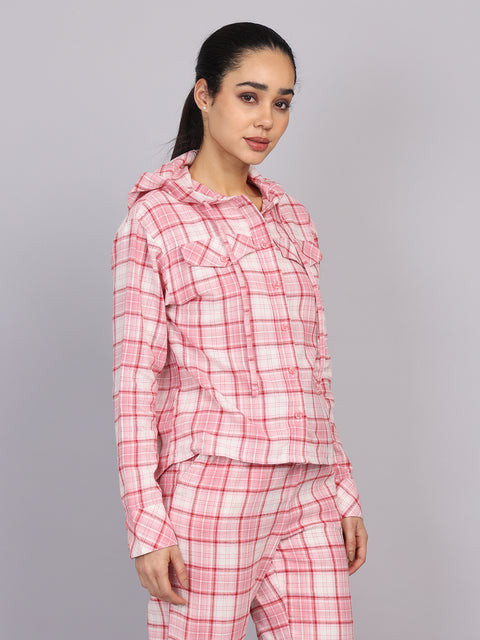 Women’s Pink Checked Hooded Woven Shirt