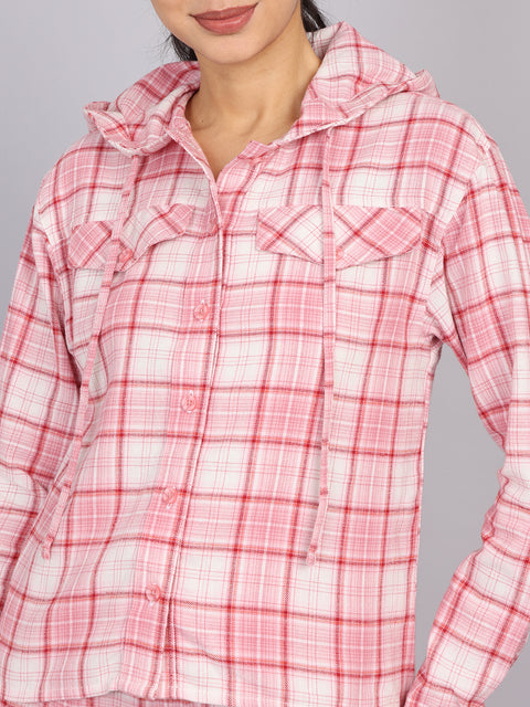 Women’s Pink Checked Hooded Woven Shirt