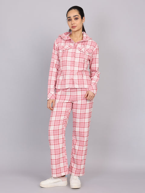 Women’s Pink Checked Hooded Woven Shirt