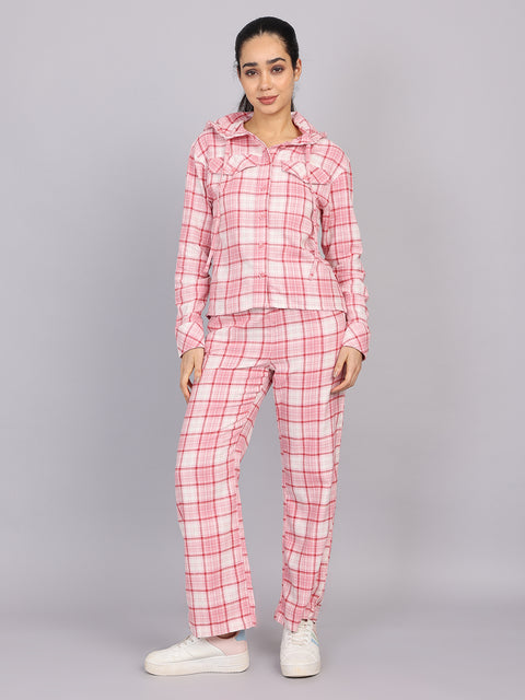 Women’s Pink Checked Hooded Woven Shirt