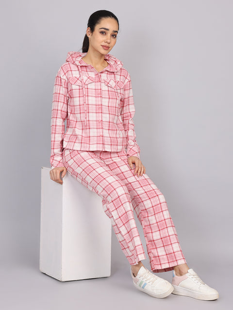 Women’s Pink Checked Hooded Woven Shirt