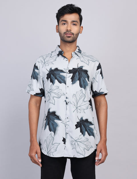 Grey Printed Half Sleeve Shirt – Regular Fit