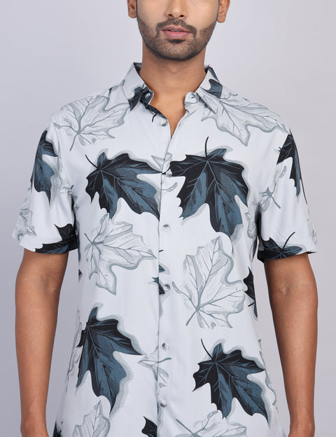 Grey Printed Half Sleeve Shirt – Regular Fit
