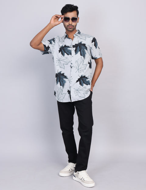 Grey Printed Half Sleeve Shirt – Regular Fit