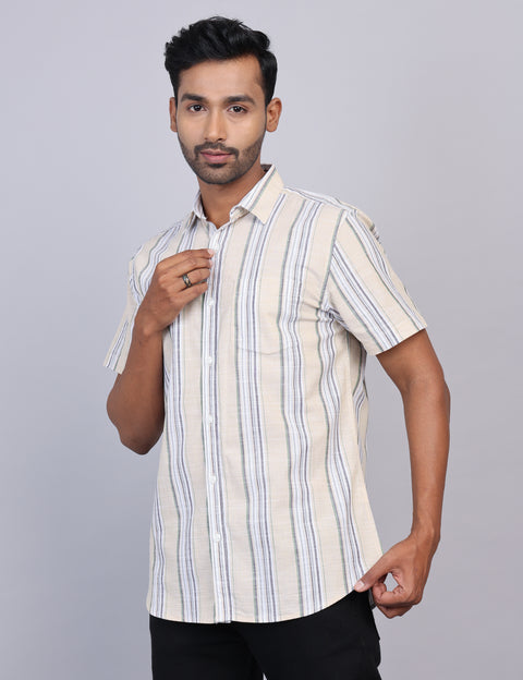 Beige Stripe Half Sleeve Shirt – Regular Fit