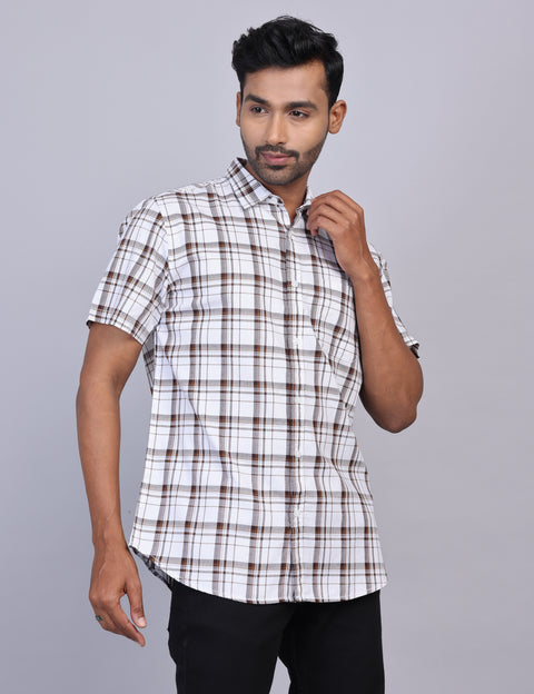 White & Brown Checks Half Sleeve Shirt – Regular Fit