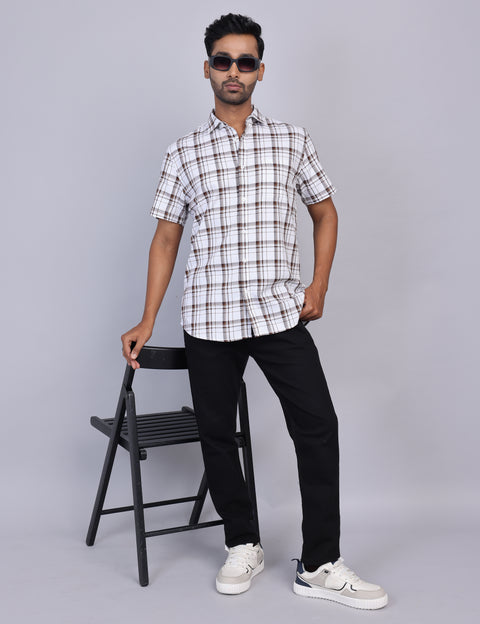 White & Brown Checks Half Sleeve Shirt – Regular Fit