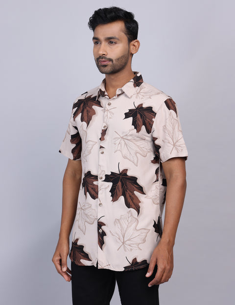 Beige Printed Half Sleeve Shirt – Regular Fit
