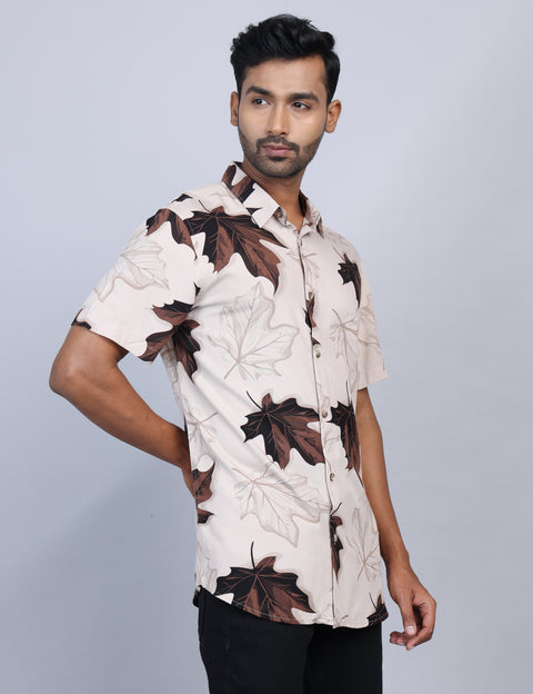 Beige Printed Half Sleeve Shirt – Regular Fit