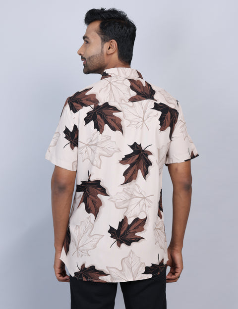 Beige Printed Half Sleeve Shirt – Regular Fit
