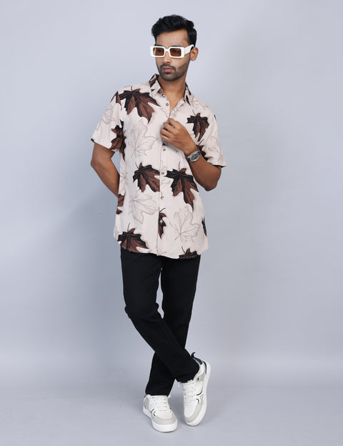 Beige Printed Half Sleeve Shirt – Regular Fit