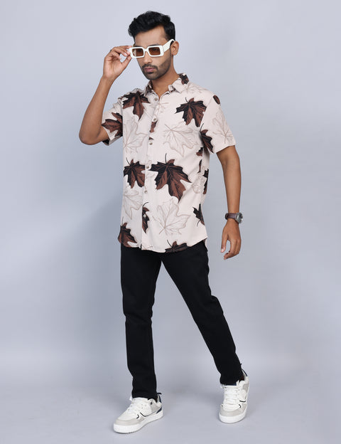 Beige Printed Half Sleeve Shirt – Regular Fit
