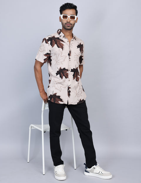 Beige Printed Half Sleeve Shirt – Regular Fit