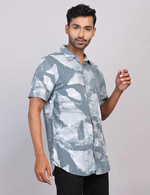 Grey Printed Half Sleeve Shirt – Regular Fit