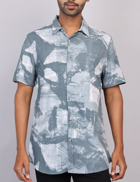Grey Printed Half Sleeve Shirt – Regular Fit