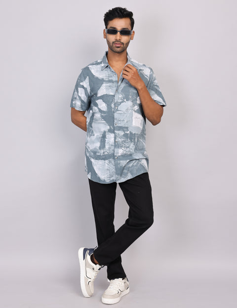 Grey Printed Half Sleeve Shirt – Regular Fit