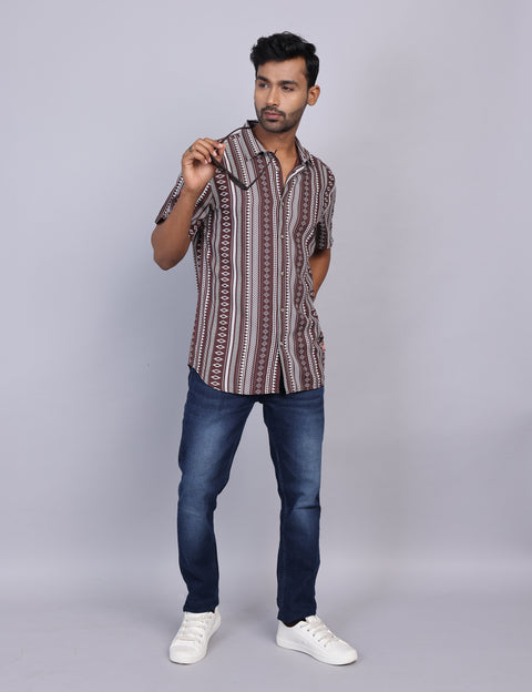 Brown Printed Half Sleeve Shirt – Regular Fit