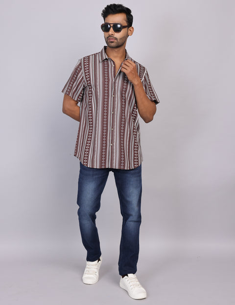 Brown Printed Half Sleeve Shirt – Regular Fit