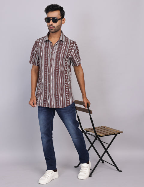 Brown Printed Half Sleeve Shirt – Regular Fit