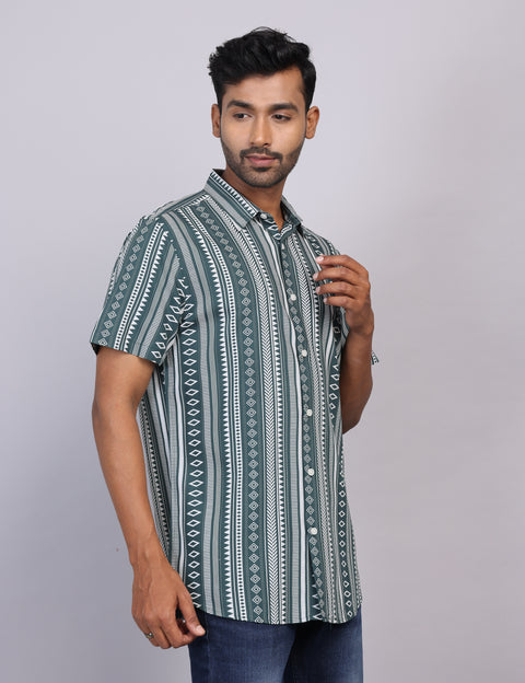 Green Printed Half Sleeve Shirt – Regular Fit