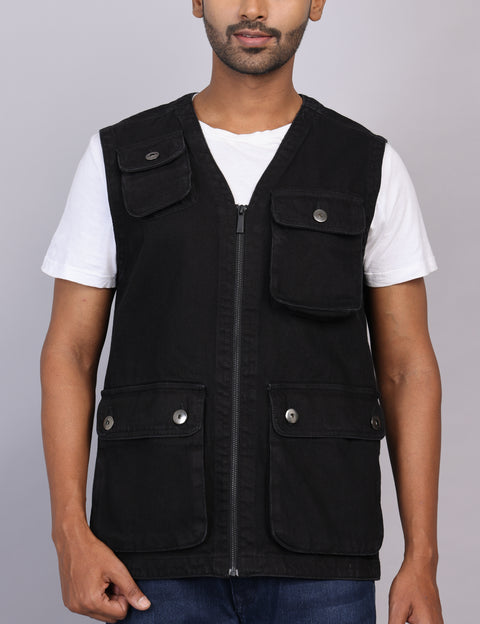 Black Sleeveless Vest Coat – Slim Fit