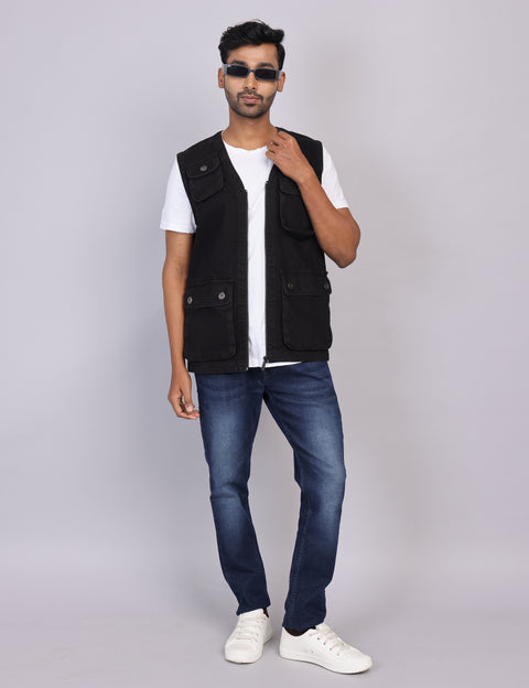 Black Sleeveless Vest Coat – Slim Fit