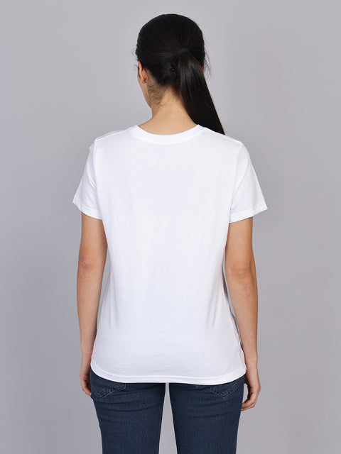 Women’s White Round Neck Chest Print T-Shirt