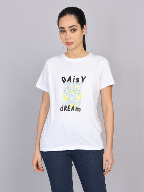 Women’s White Round Neck Chest Print T-Shirt