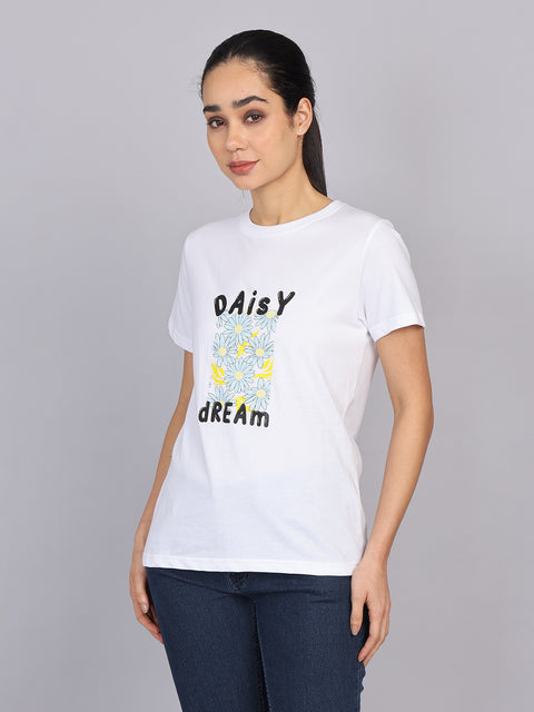 Women’s White Round Neck Chest Print T-Shirt